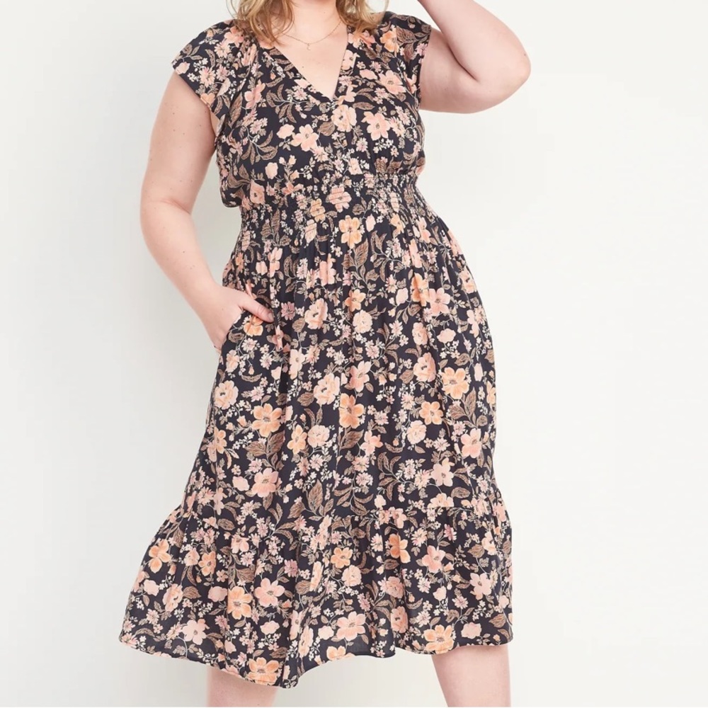 OLD NAVY FLORAL PRINT FLUTTER SLEEVE SMOCKED WAIST-DEFINED MIDI DRESS